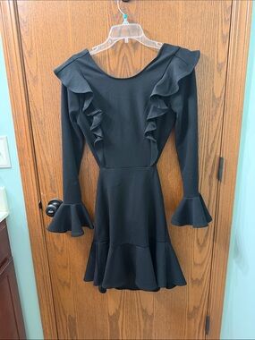 Angel Biba Black Ruffle-Trim Long Sleeve Fit & Flare Dress- open back